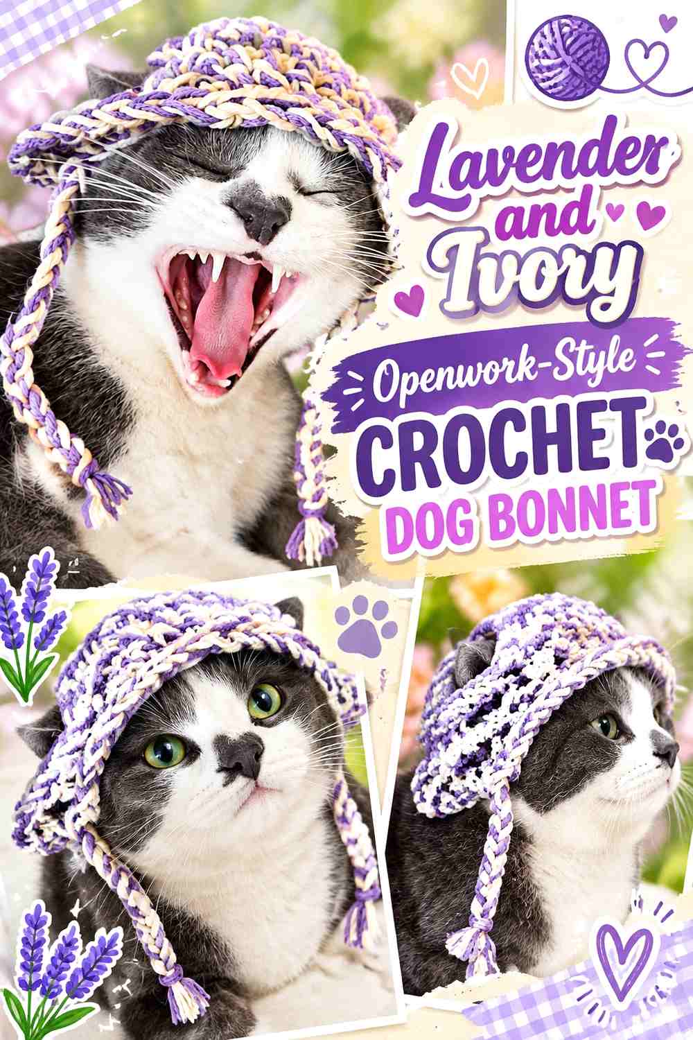 Lavender and Ivory Openwork-Style Crochet Dog Bonnet