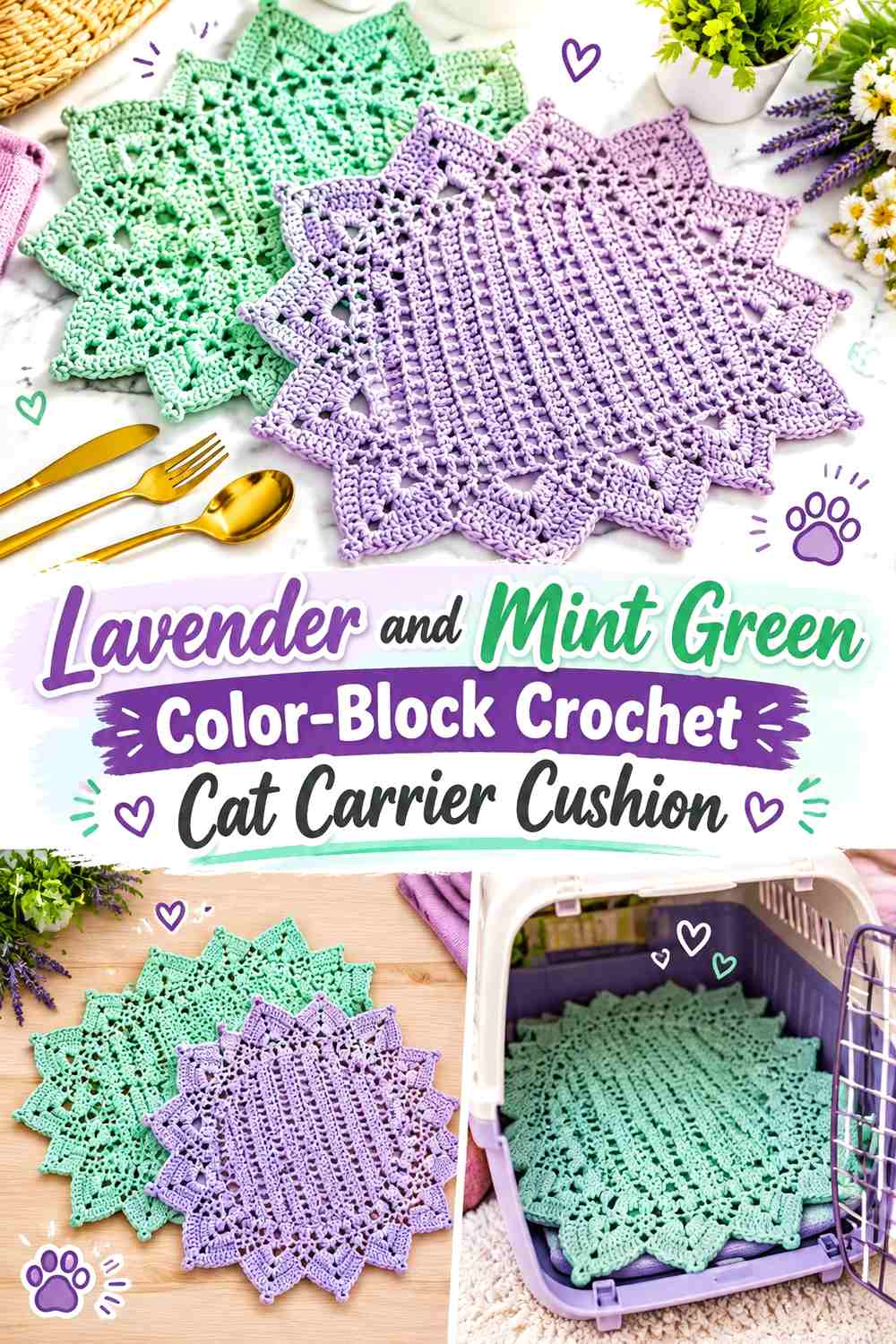 Lavender and Mint Green Color-Block Crochet Cat Carrier Cushion