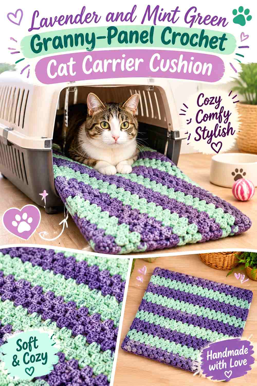 Lavender and Mint Green Granny-Panel Crochet Cat Carrier Cushion