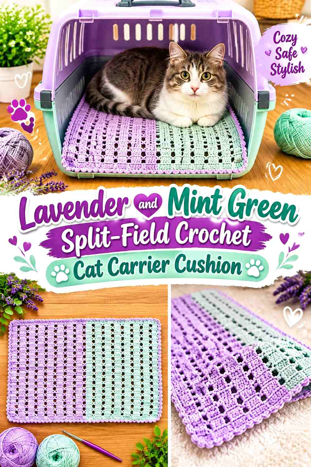 Lavender and Mint Green Split-Field Crochet Cat Carrier Cushion