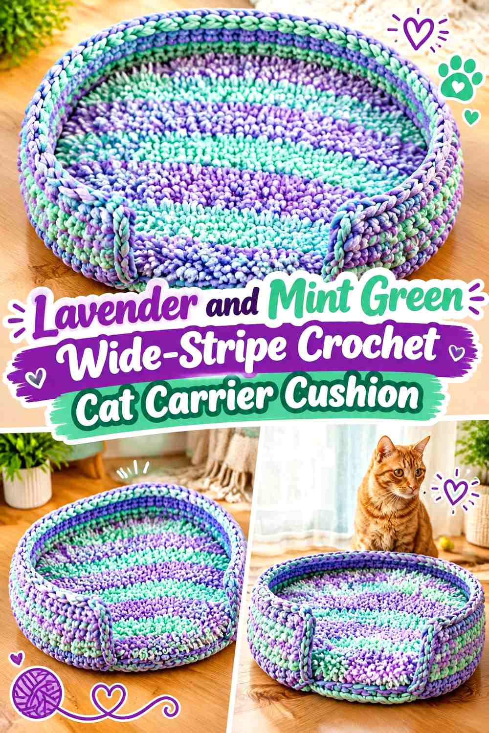 Lavender and Mint Green Wide-Stripe Crochet Cat Carrier Cushion