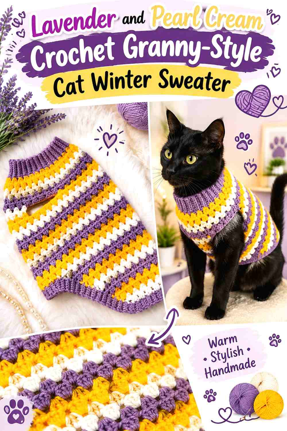 Lavender and Pearl Cream Crochet Granny-Style Cat Winter Sweater