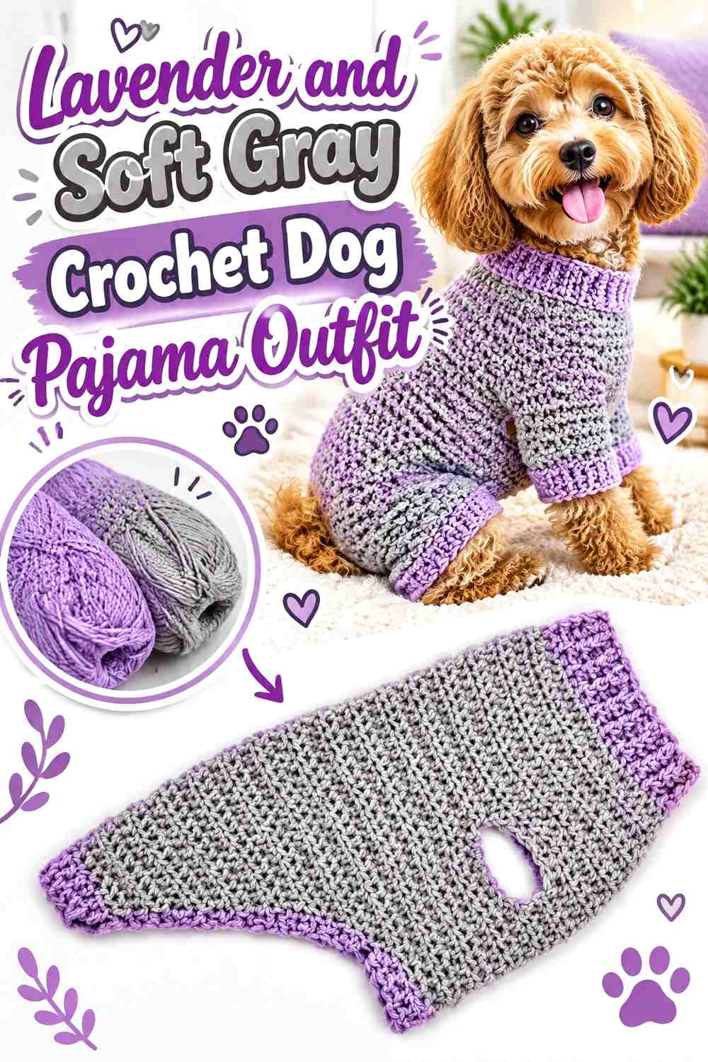 Lavender and Soft Gray Crochet Dog Pajama Outfit