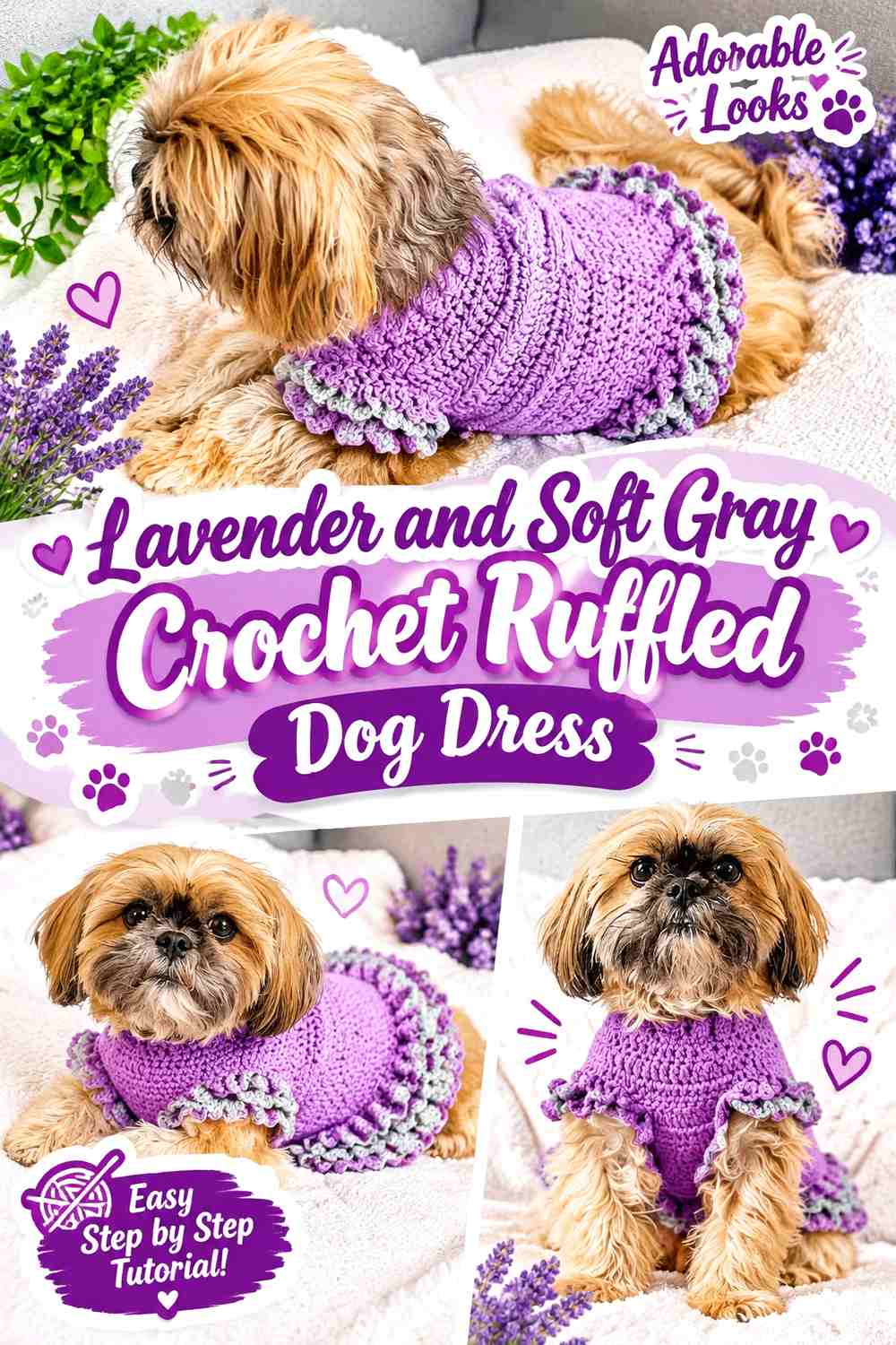Lavender and Soft Gray Crochet Ruffled Dog Dress