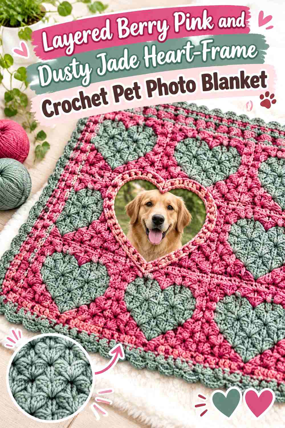 Layered Berry Pink and Dusty Jade Heart-Frame Crochet Pet Photo Blanket
