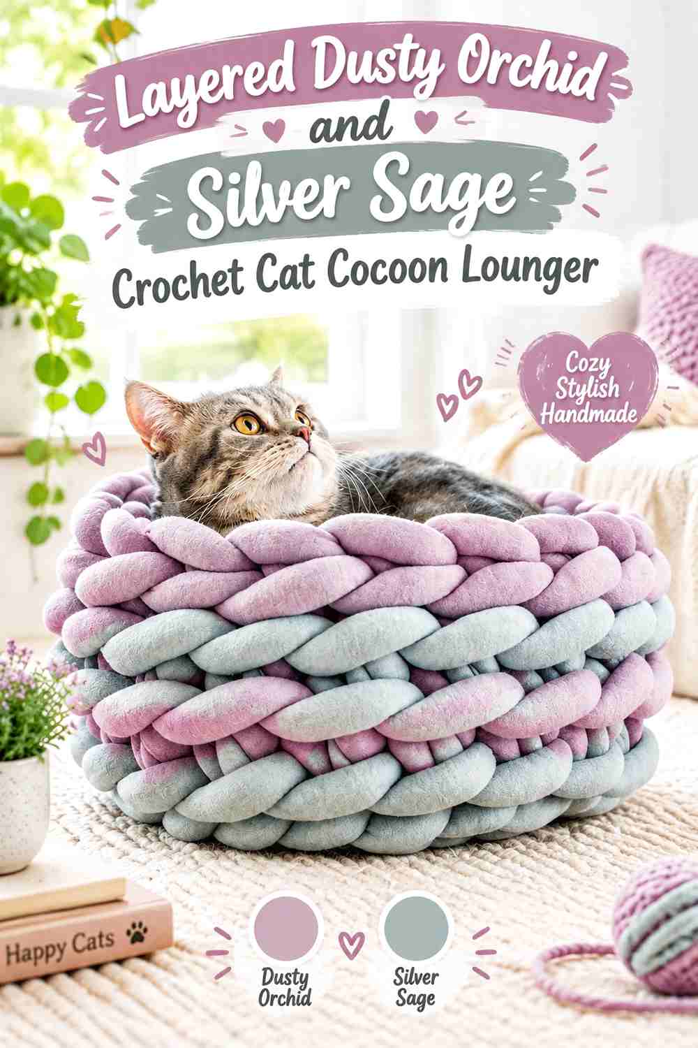 Layered Dusty Orchid and Silver Sage Crochet Cat Cocoon Lounger