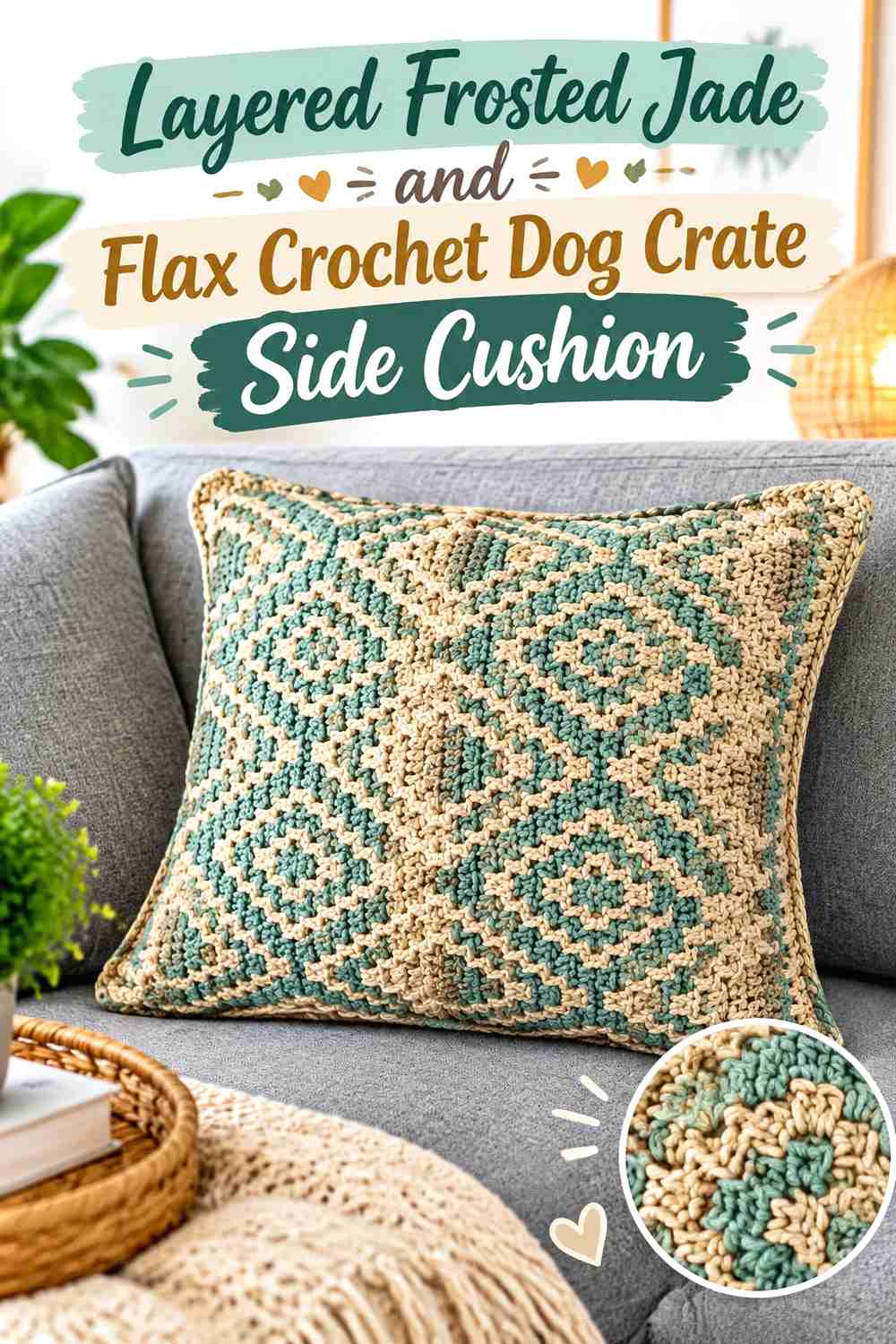 Layered Frosted Jade and Flax Crochet Dog Crate Side Cushion