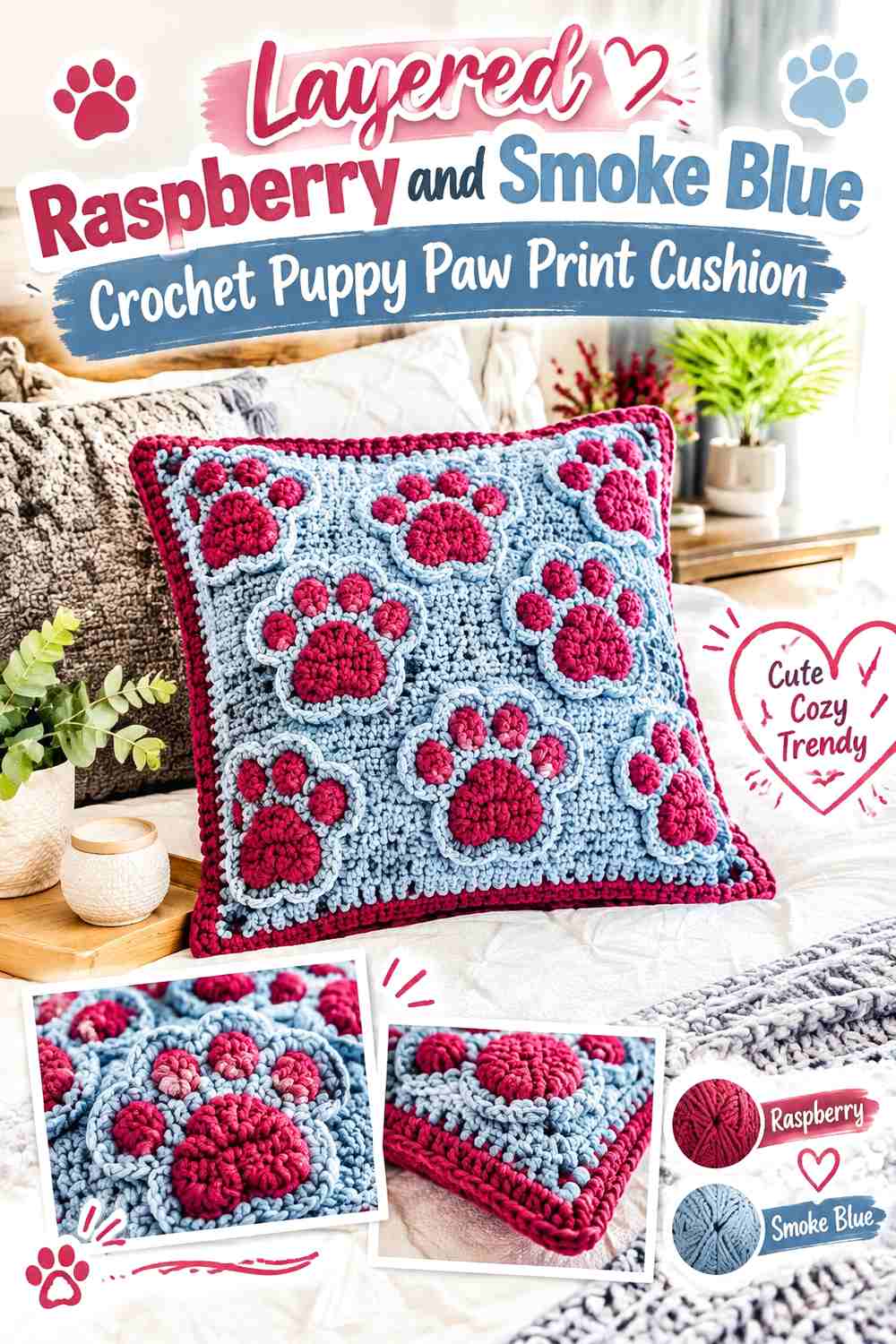Layered Raspberry and Smoke Blue Crochet Puppy Paw Print Cushion