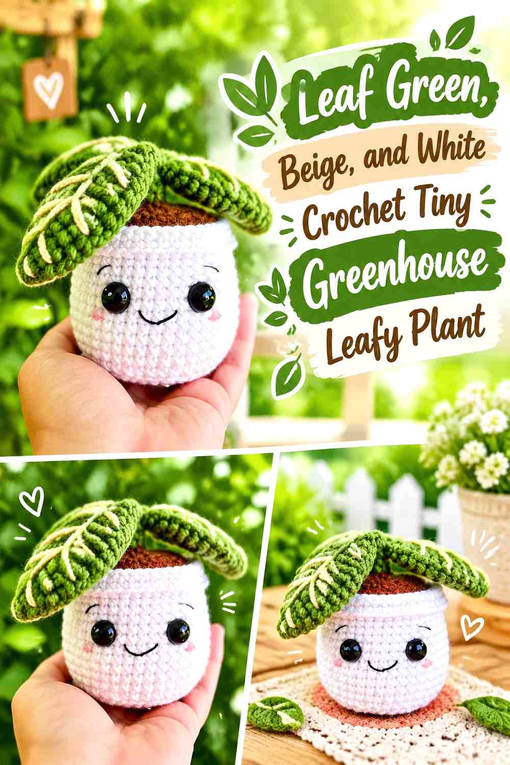 Leaf Green, Beige, and White Crochet Tiny Greenhouse Leafy Plant
