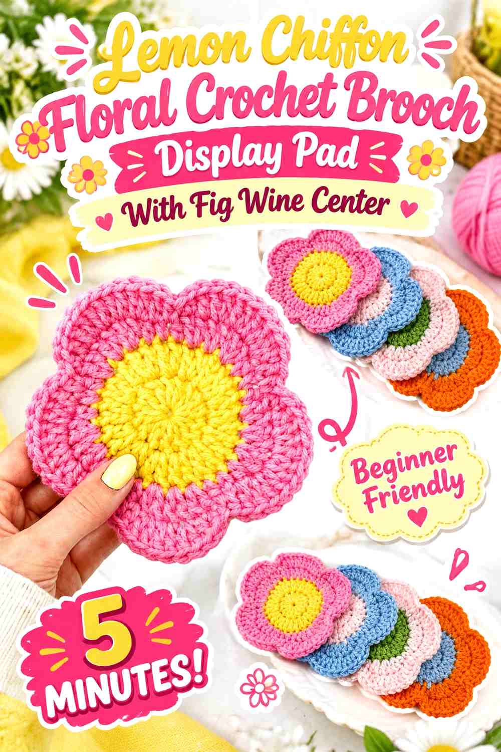 Lemon Chiffon Floral Crochet Brooch Display Pad With Fig Wine Center