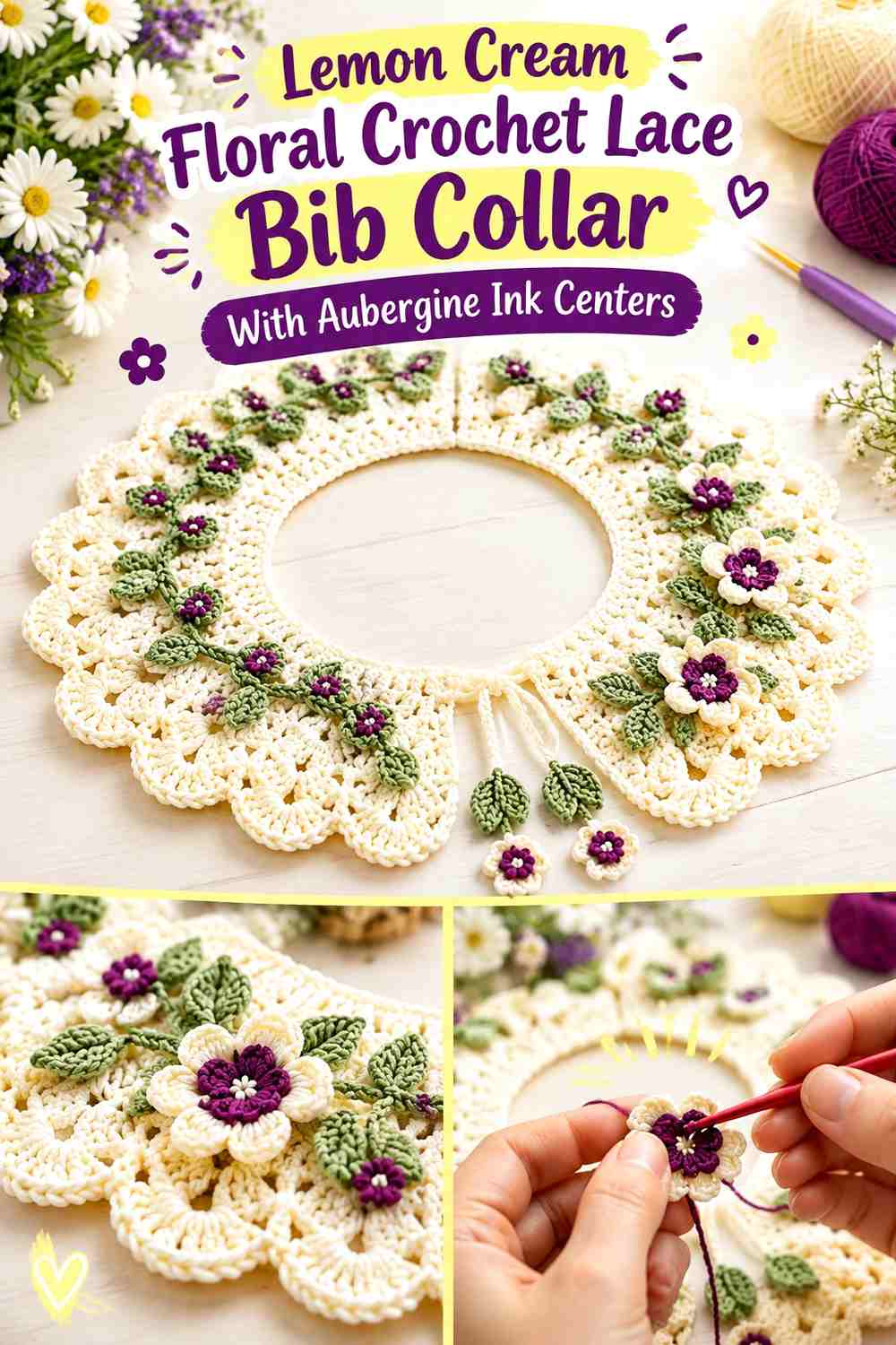 Lemon Cream Floral Crochet Lace Bib Collar With Aubergine Ink Centers