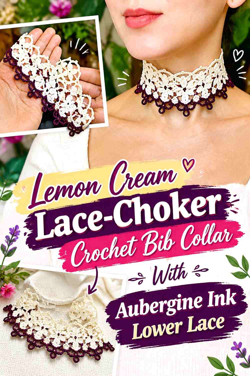 Lemon Cream Lace-Choker Crochet Bib Collar With Aubergine Ink Lower Lace