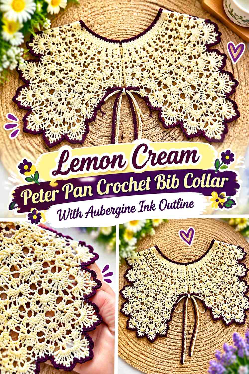 Lemon Cream Peter Pan Crochet Bib Collar With Aubergine Ink Outline