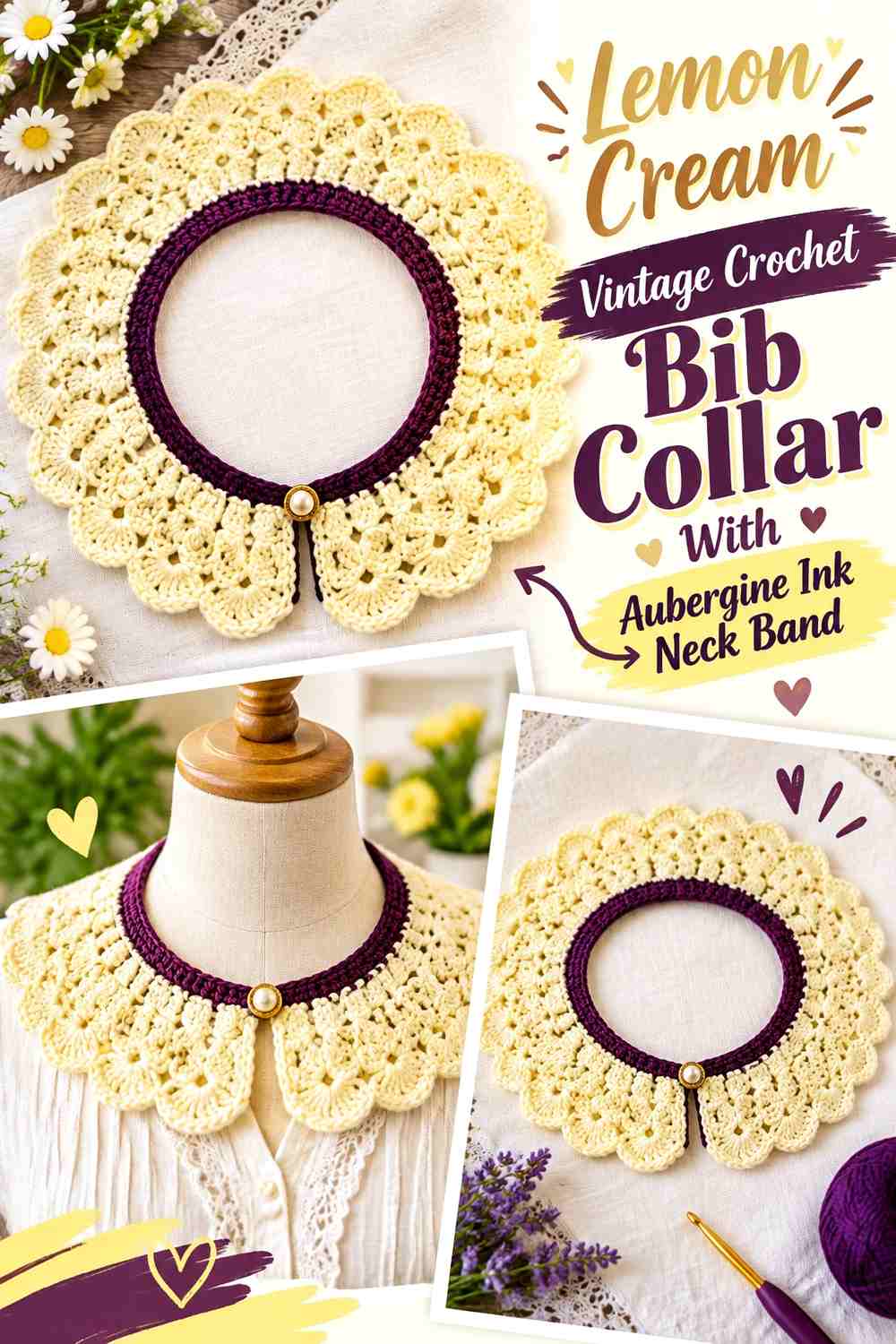 Lemon Cream Vintage Crochet Bib Collar With Aubergine Ink Neck Band
