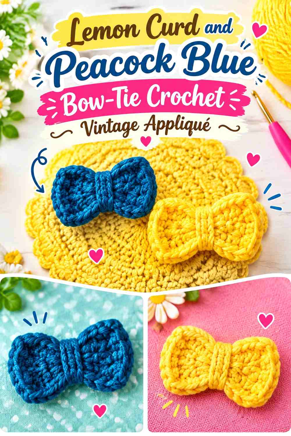 Lemon Curd and Peacock Blue Bow-Tie Crochet Vintage Appliqué