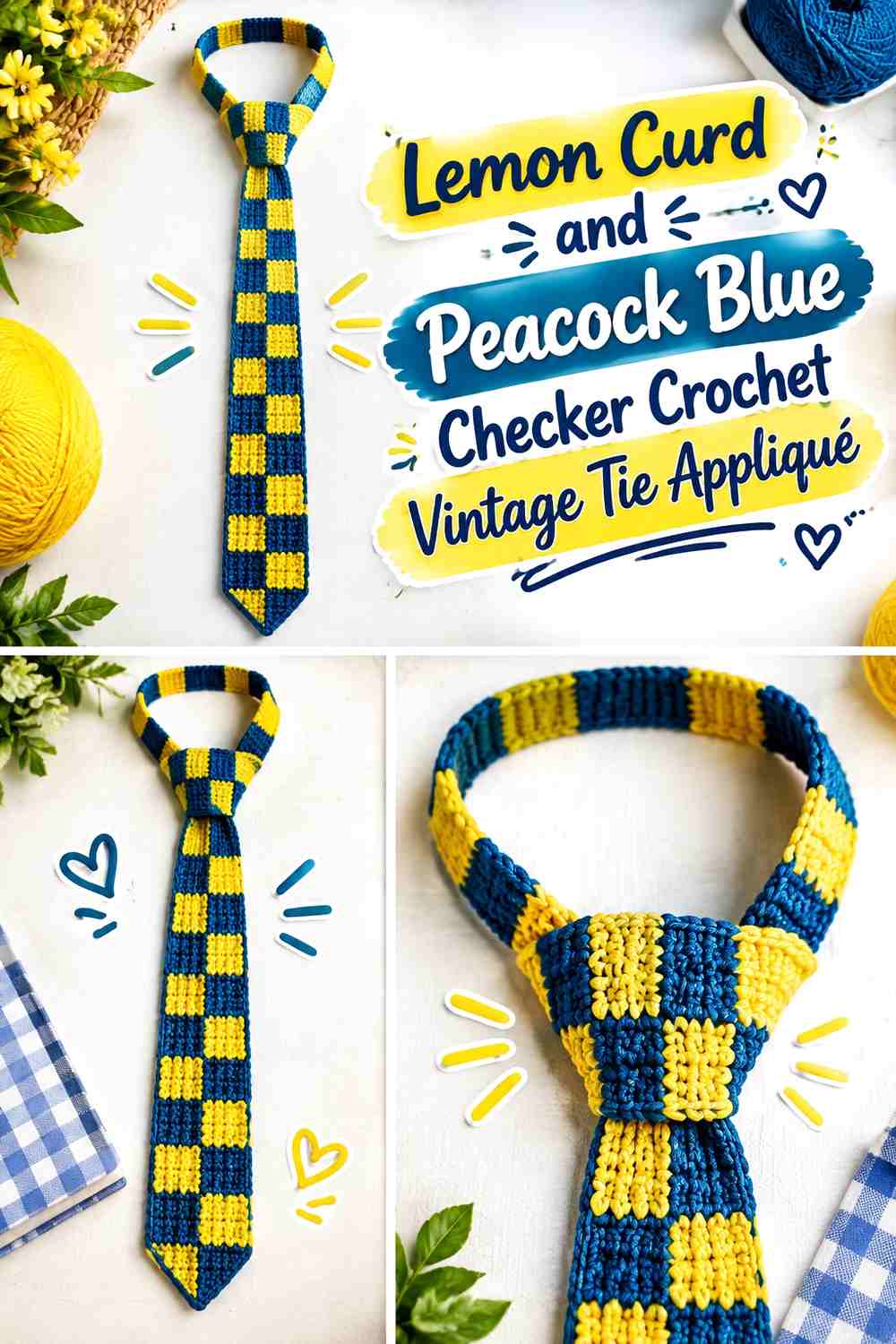 Lemon Curd and Peacock Blue Checker Crochet Vintage Tie Appliqué
