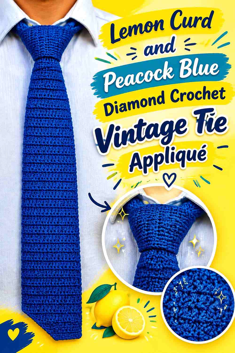 Lemon Curd and Peacock Blue Diamond Crochet Vintage Tie Appliqué