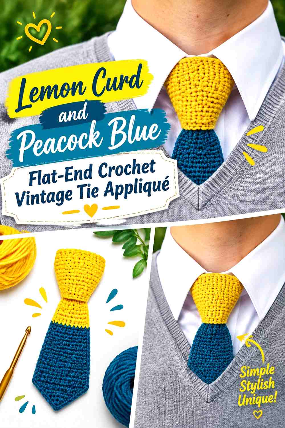 Lemon Curd and Peacock Blue Flat-End Crochet Vintage Tie Appliqué