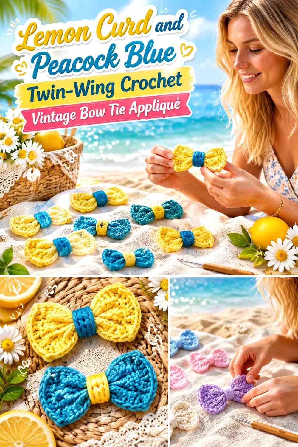 Lemon Curd and Peacock Blue Twin-Wing Crochet Vintage Bow Tie Appliqué