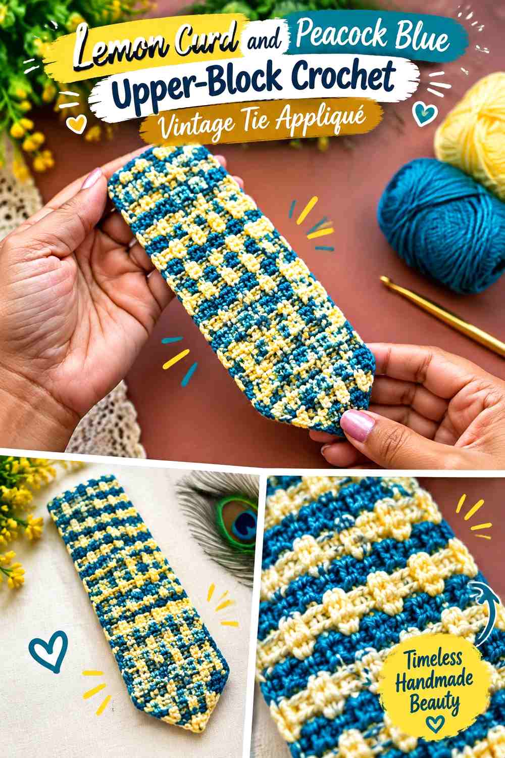 Lemon Curd and Peacock Blue Upper-Block Crochet Vintage Tie Appliqué