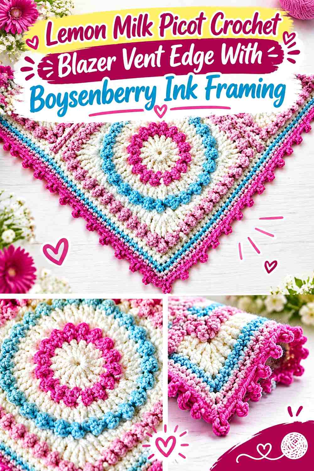 Lemon Milk Picot Crochet Blazer Vent Edge With Boysenberry Ink Framing