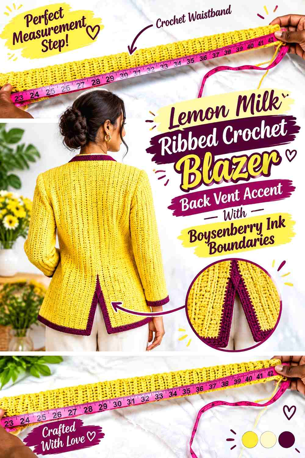 Lemon Milk Ribbed Crochet Blazer Back Vent Accent With Boysenberry Ink Boundaries