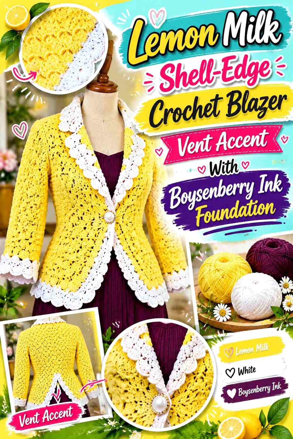 Lemon Milk Shell-Edge Crochet Blazer Vent Accent With Boysenberry Ink Foundation