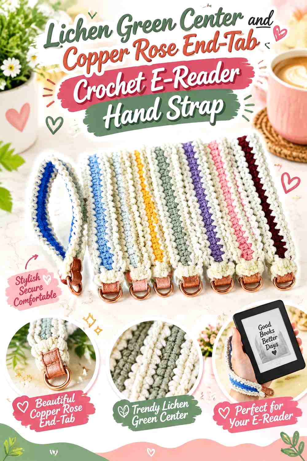 3. Lichen Green Center And Copper Rose End Tab Crochet E Reader Hand Strap