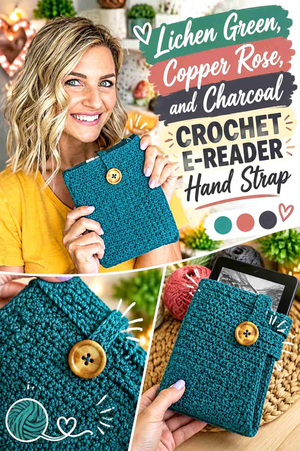 11. Lichen Green Copper Rose And Charcoal Crochet E Reader Hand Strap