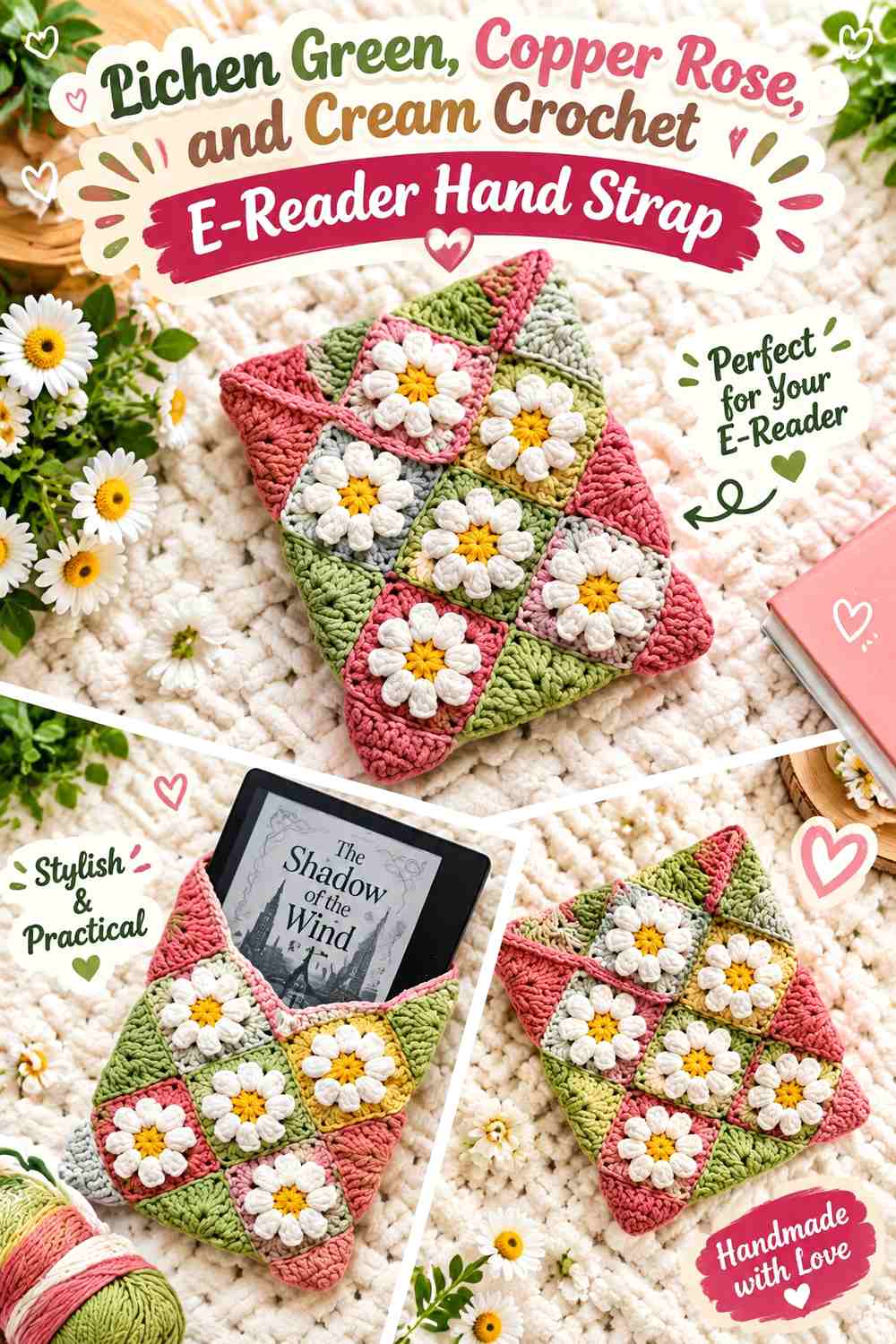 10. Lichen Green Copper Rose And Cream Crochet E Reader Hand Strap