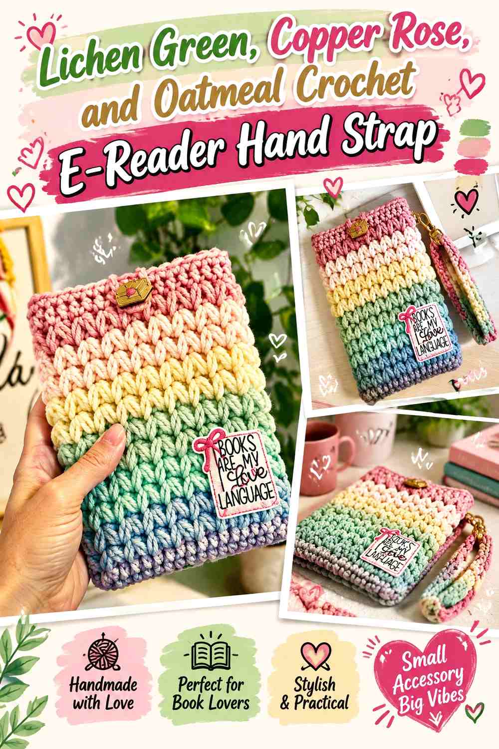 12. Lichen Green Copper Rose And Oatmeal Crochet E Reader Hand Strap