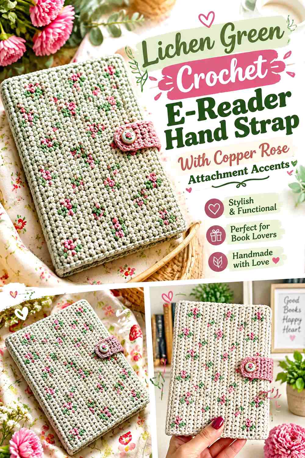 17. Lichen Green Crochet E Reader Hand Strap With Copper Rose Attachment Accents