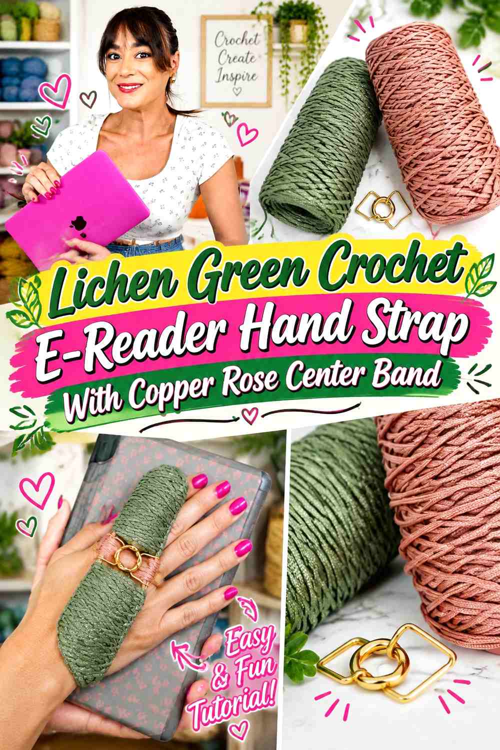 7. Lichen Green Crochet E Reader Hand Strap With Copper Rose Center Band