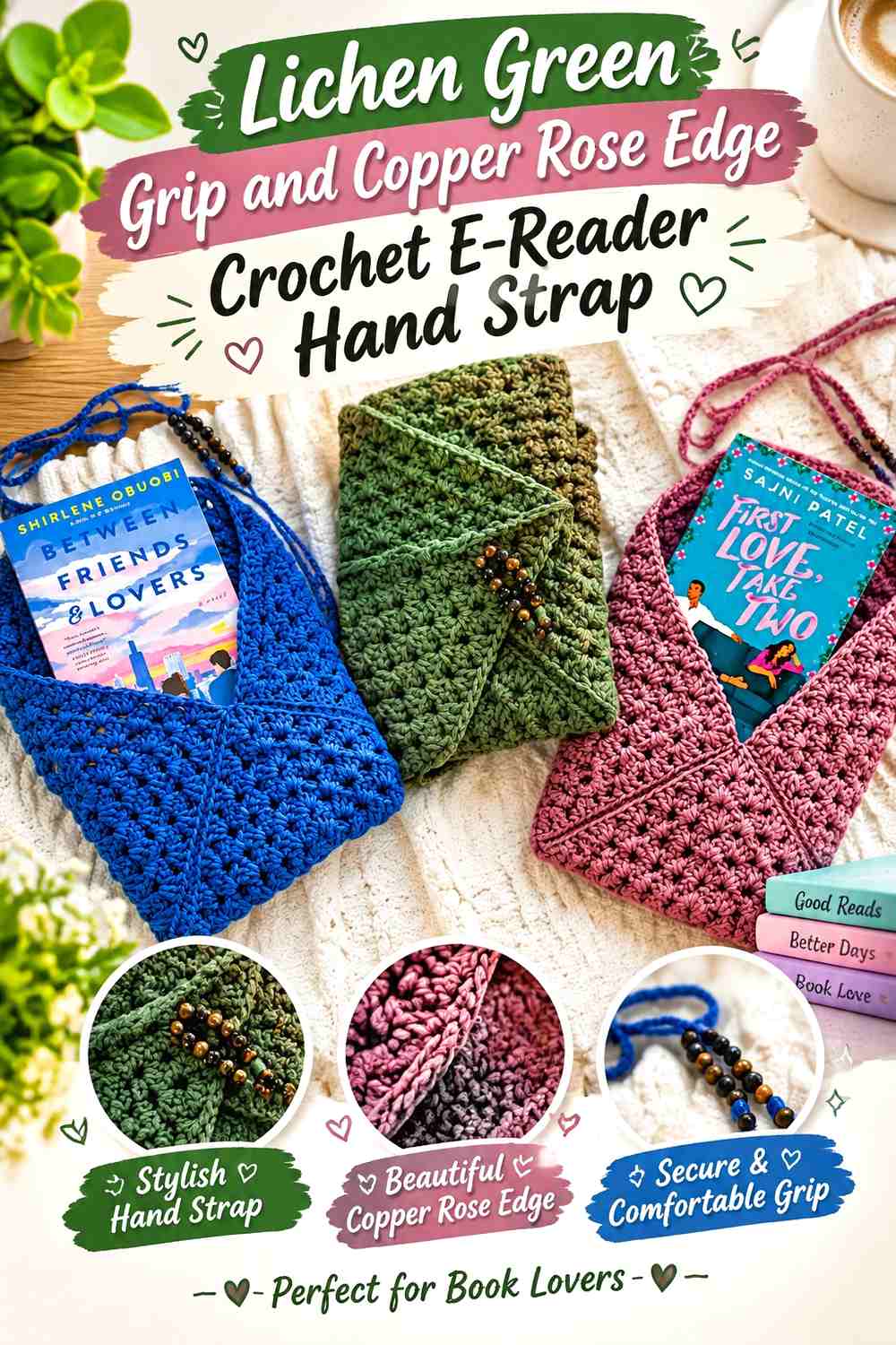 1. Lichen Green Grip And Copper Rose Edge Crochet E Reader Hand Strap