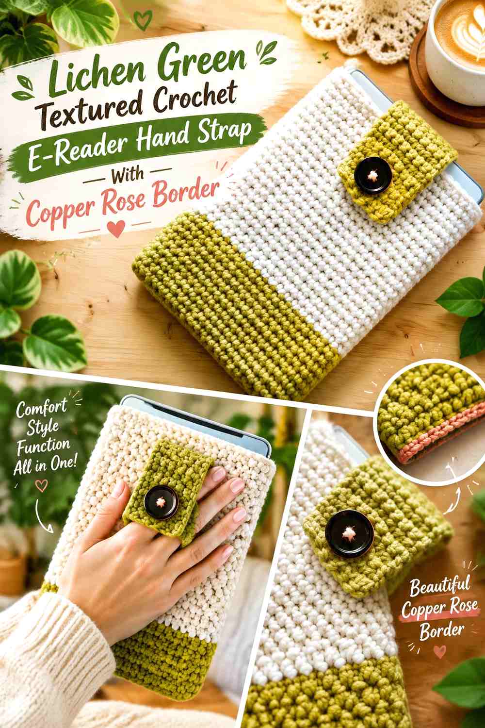 13. Lichen Green Textured Crochet E Reader Hand Strap With Copper Rose Border