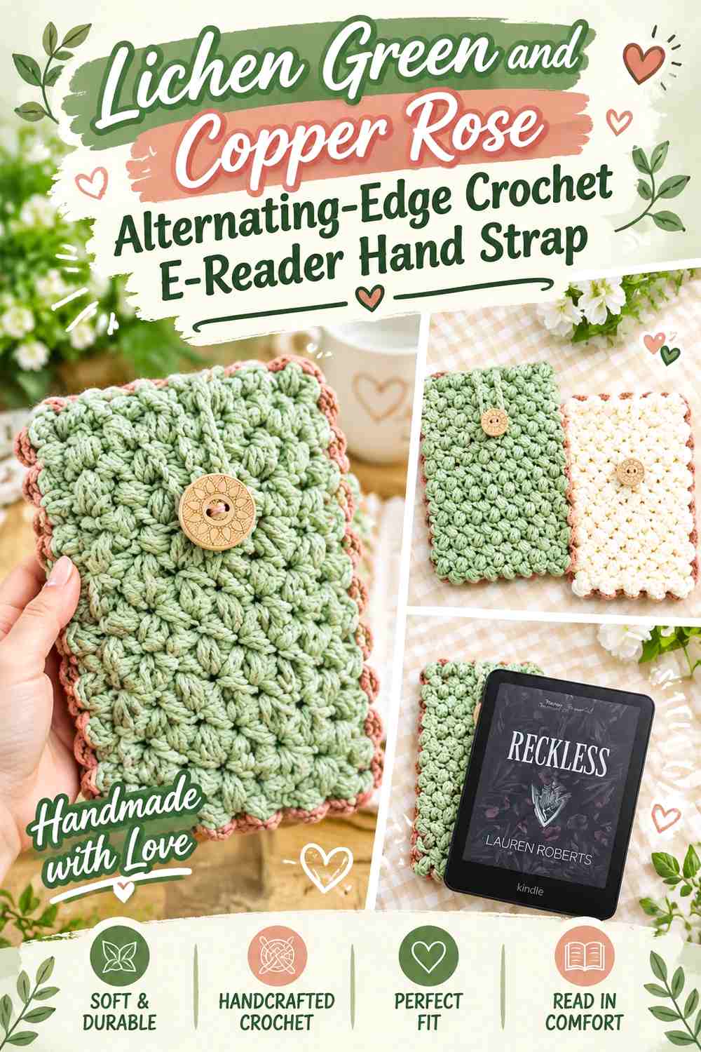 9. Lichen Green And Copper Rose Alternating Edge Crochet E Reader Hand Strap