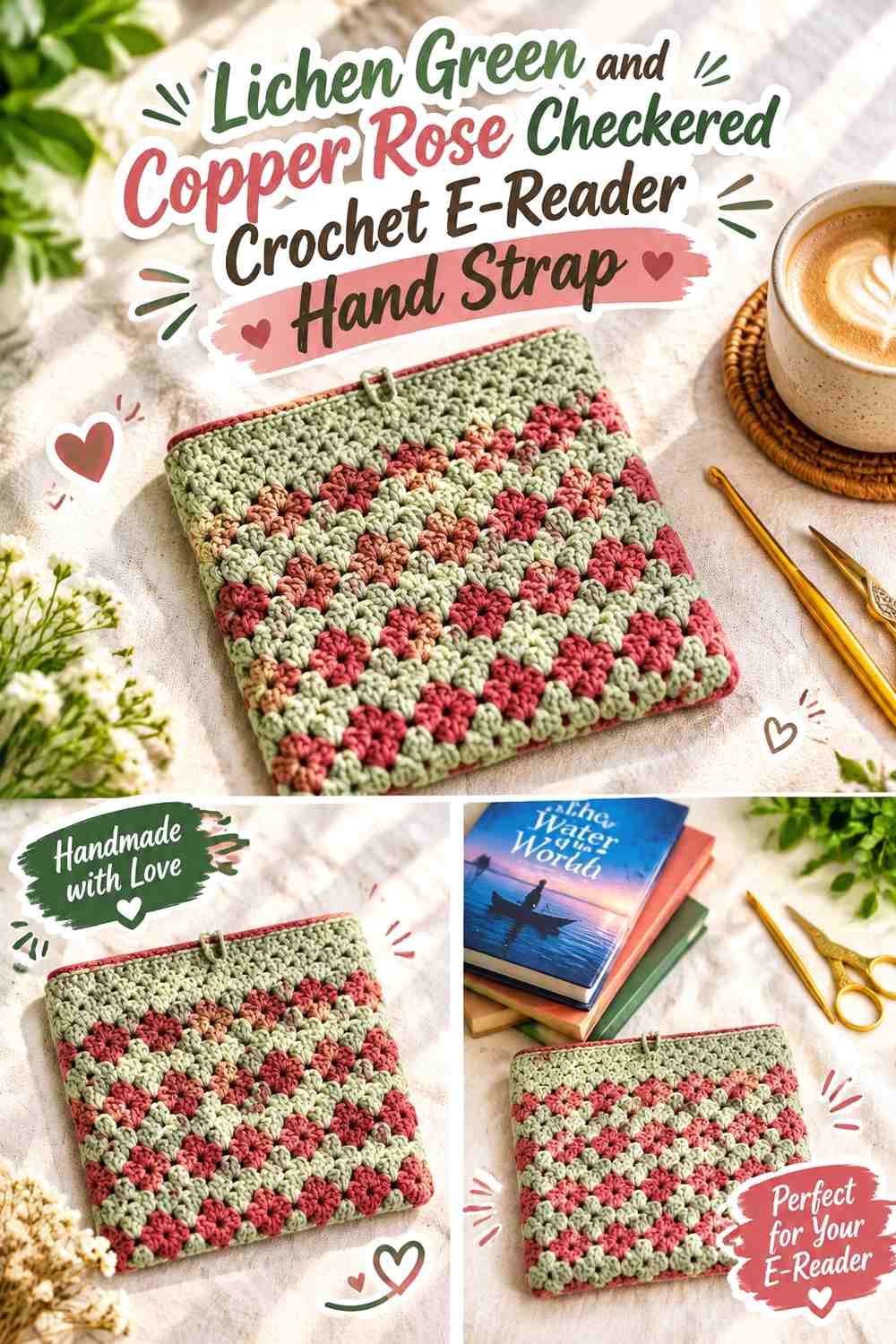 16. Lichen Green And Copper Rose Checkered Crochet E Reader Hand Strap