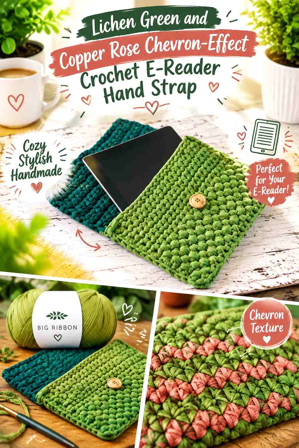 15. Lichen Green And Copper Rose Chevron Effect Crochet E Reader Hand Strap