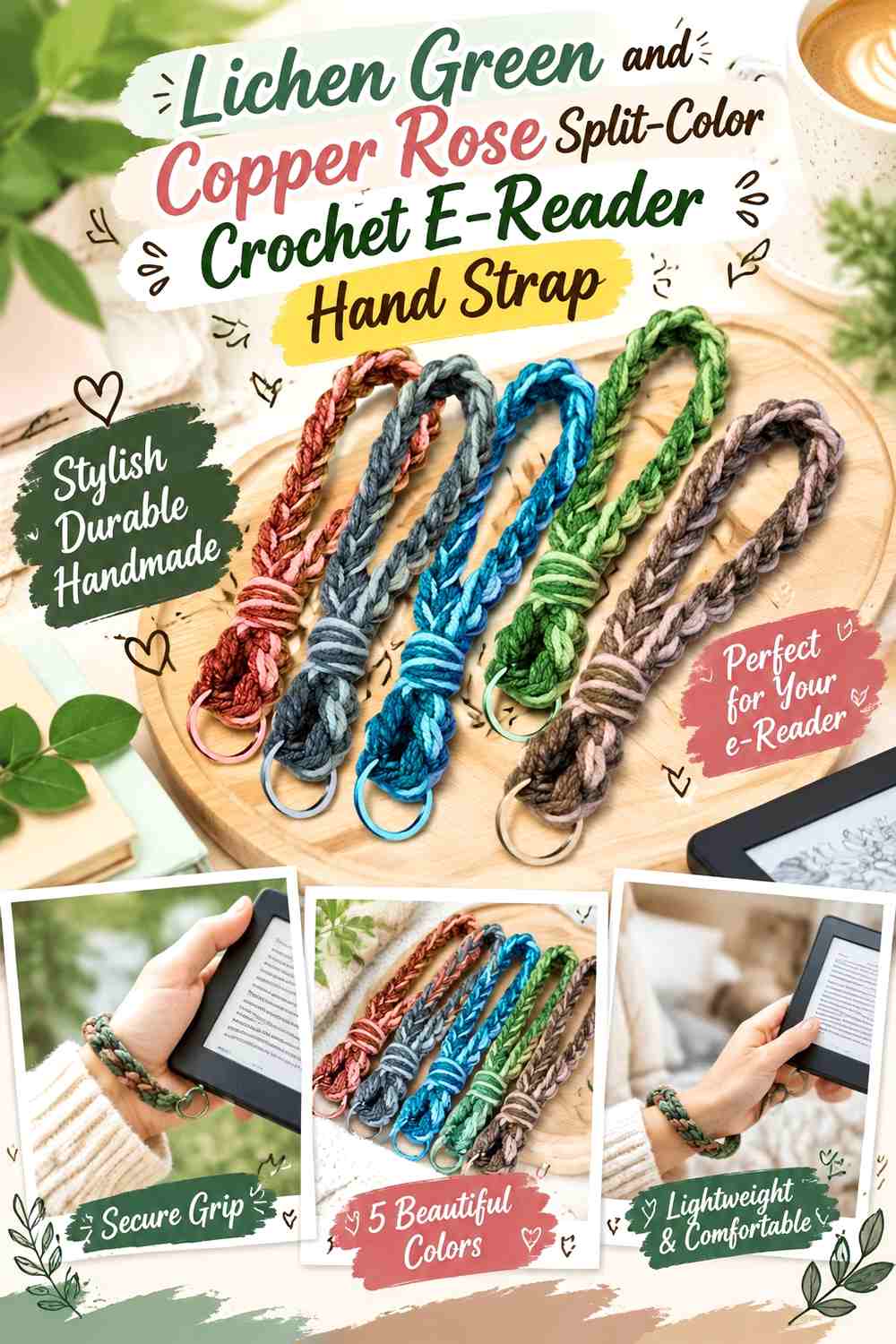5. Lichen Green And Copper Rose Split Color Crochet E Reader Hand Strap