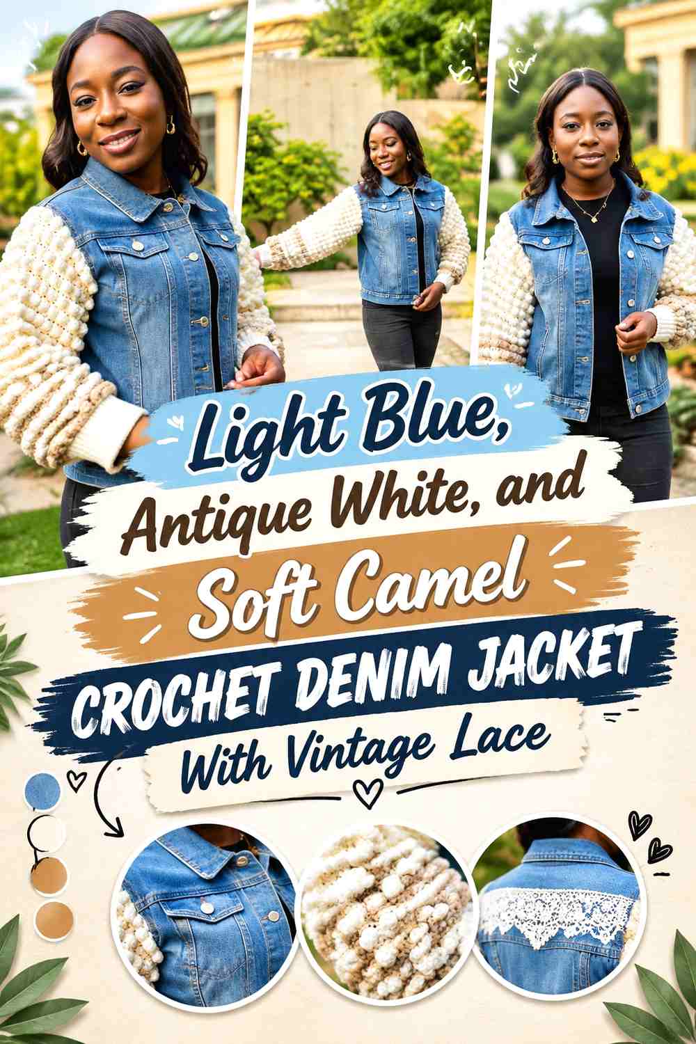 Light Blue, Antique White, and Soft Camel Crochet Denim Jacket With Vintage Lace