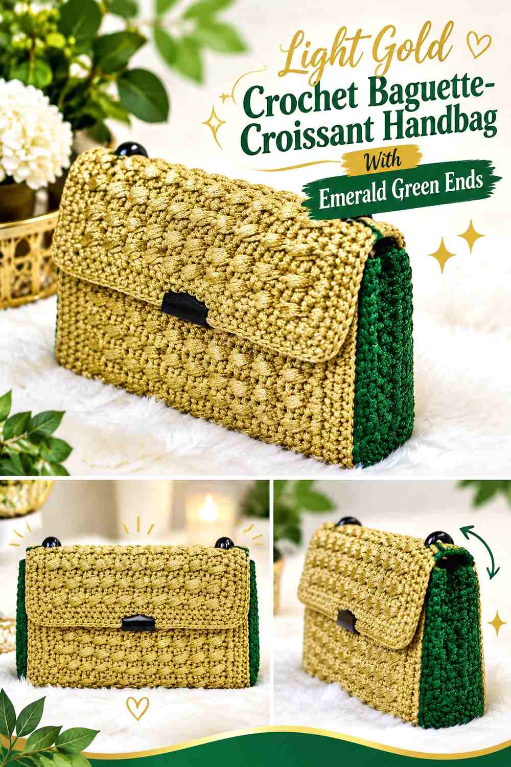 Light Gold Crochet Baguette-Croissant Handbag With Emerald Green Ends