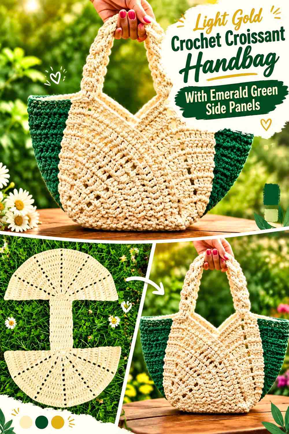 Light Gold Crochet Croissant Handbag With Emerald Green Side Panels