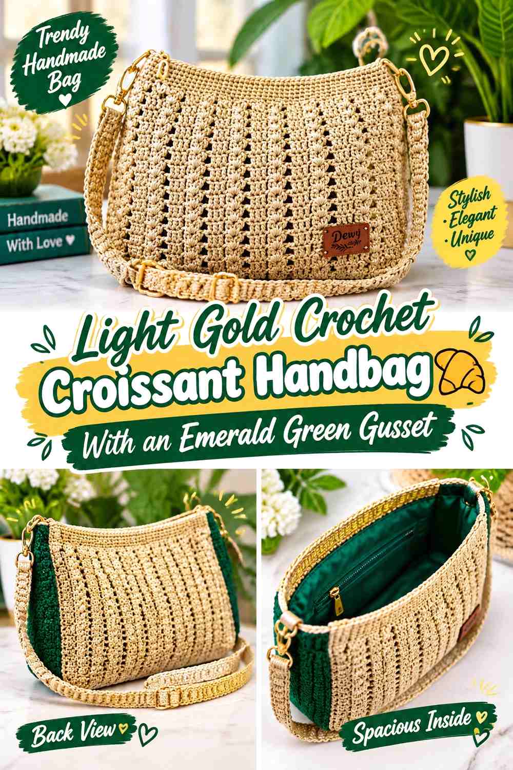 Light Gold Crochet Croissant Handbag With an Emerald Green Gusset