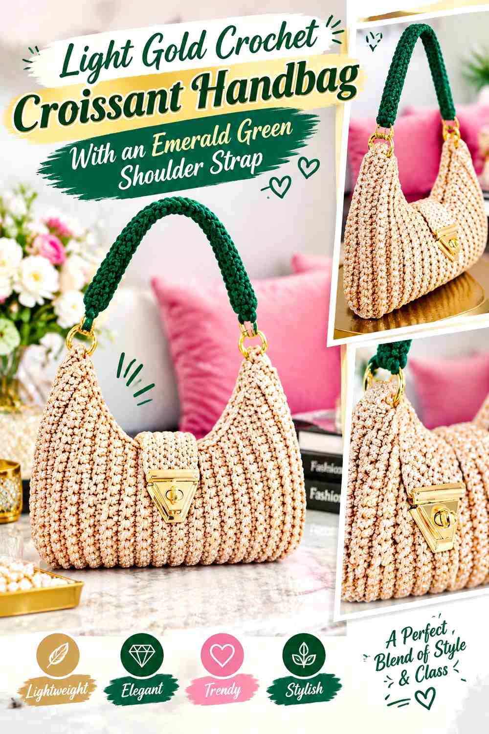Light Gold Crochet Croissant Handbag With an Emerald Green Shoulder Strap