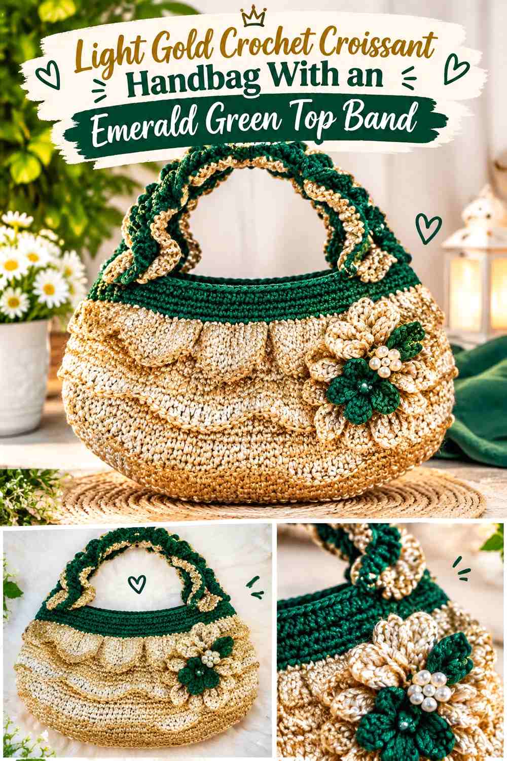 Light Gold Crochet Croissant Handbag With an Emerald Green Top Band