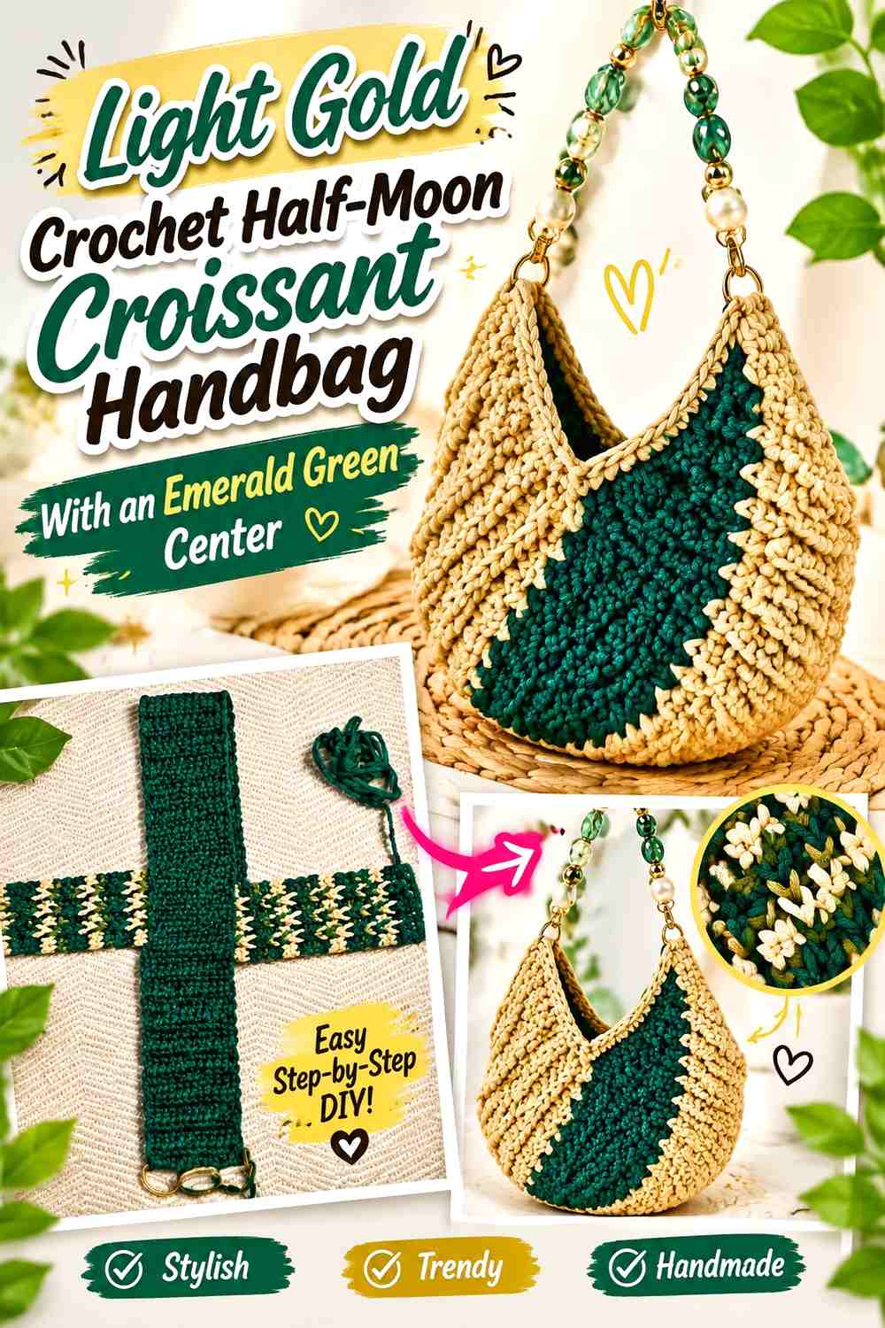 Light Gold Crochet Half-Moon Croissant Handbag With an Emerald Green Center