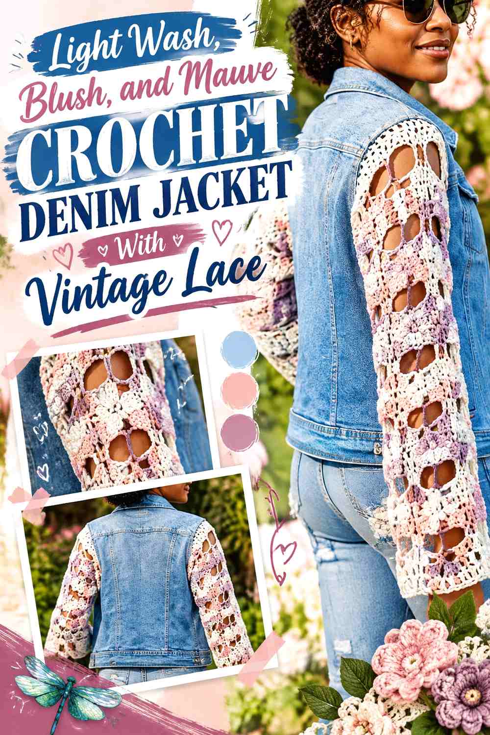 Light Wash, Blush, and Mauve Crochet Denim Jacket With Vintage Lace