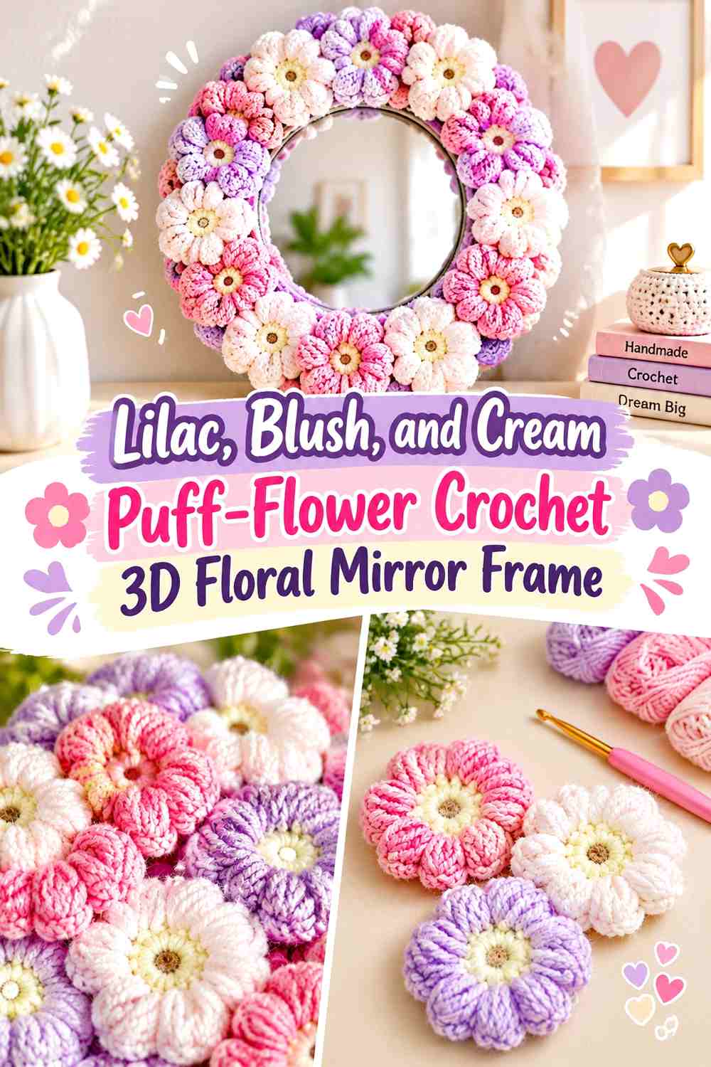 Lilac, Blush, and Cream Puff-Flower Crochet 3D Floral Mirror Frame