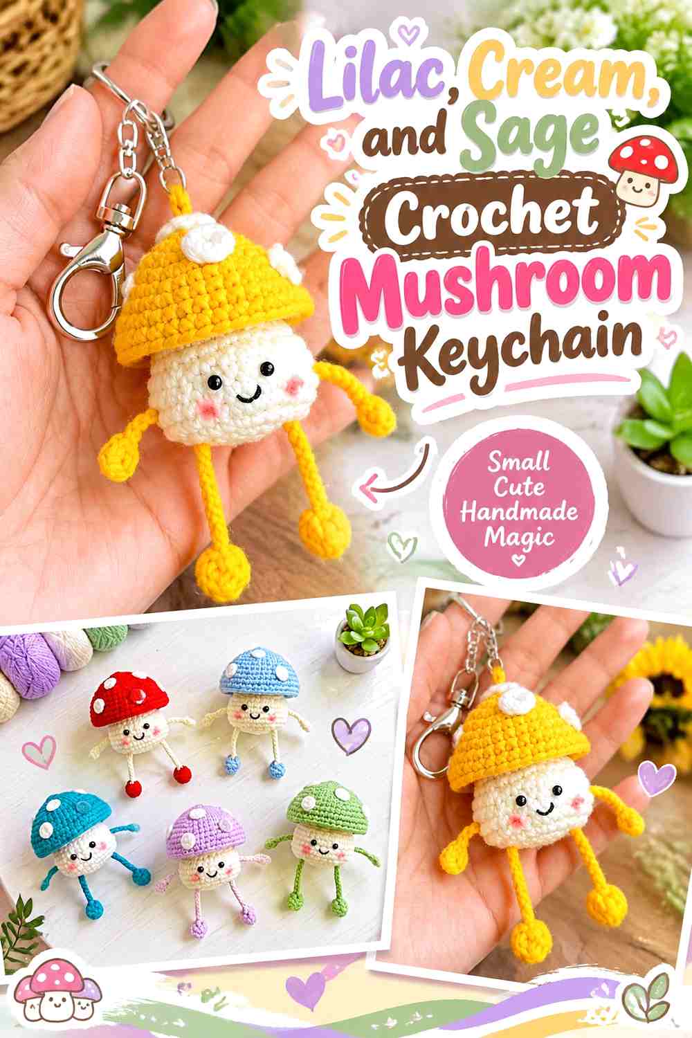 Lilac, Cream, and Sage Crochet Mushroom Keychain