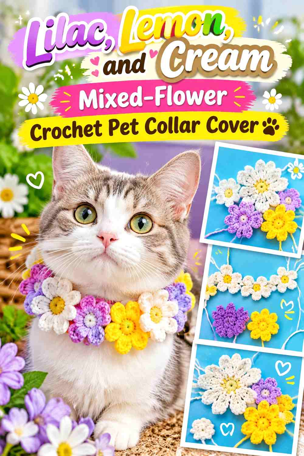 Lilac, Lemon, and Cream Mixed-Flower Crochet Pet Collar Cover